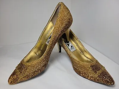 Vintage J Renee Solid 2-Tone Gold Beaded Formal Cocktail Party Shoes Heels Sz 8 • $35.99