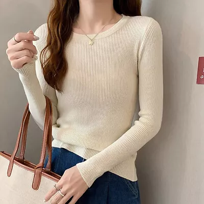 Autumn Korean Women Solid Color Round Neck Long Sleeve Slim Knitted Sweater • $14.82