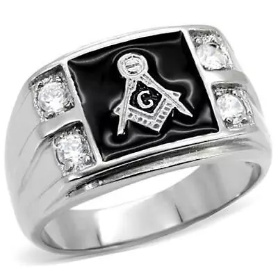 Mnes Masonic Ring Black Signet Pinky Military Stainless Steel Cz Silver 8X031 • £22.99
