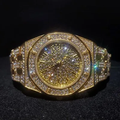 Mens Bling Watch Luxury Gold Plated Out Diamond Hip Hop Rapper Iced Watches • £19.99