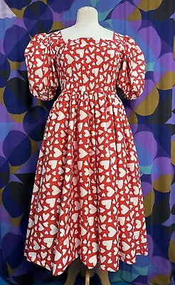 Isolated Heroes Daphne Red Love Heart Print Puff Sleeve Shirred Dress Size Small • £75