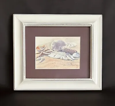 Vtg Watercolor Print Of Seashells New Wood Frame ME Golden Wilmington NC Signed • $14