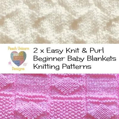 Knitting Patterns For Baby Blankets X 2 Interlocking & Diamond Squares Easy • £3.99