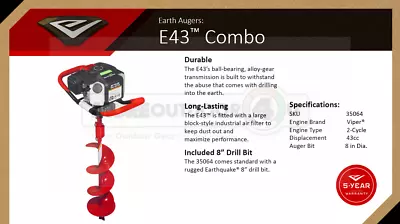 35064 NEW Earthquake E43 Powerhead Combo Post Hole Digger & 8  Earth Auger Bit • $299.99