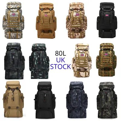 12 Colours 80L Large Capacity Waterproof Tactical Backpack Molle Hiking Rucksack • £18.99