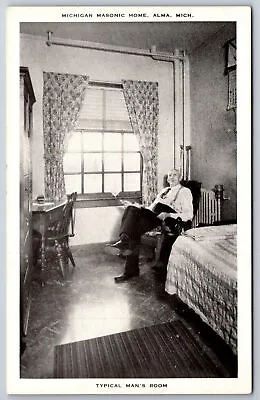 Alma MI~Masonic Home Interior~Typical Room~Man In Rocking Chair~1930s B&W PC • $10