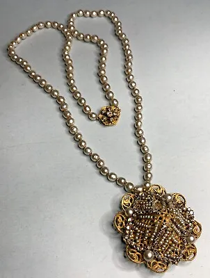 Vintage-miriam Haskell-huge Pendant-baroque Pearl-rhinestone Necklace-signed • $260