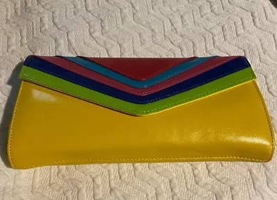 Vintage Designer Vera Pelle Bright Yellow And Rainbow Leather Convertible Clutch • $50