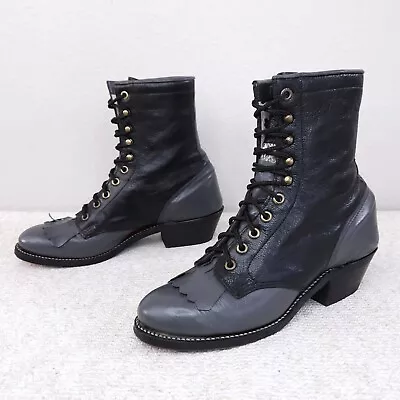 Vtg OLATHE Lace-Up Kiltie Packer Boots Women's Sz US 6 Black Gray Leather Heeled • $157.50