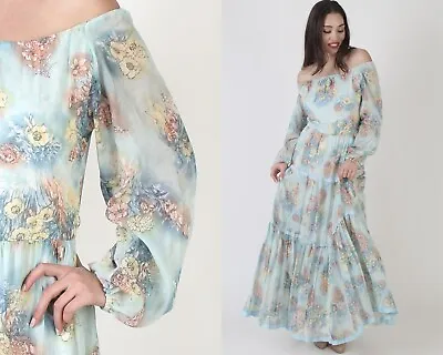 Vtg 70s Blue Prairie Dress Country Pastel Off Shoulder Boho Sun Bridal Long Maxi • $72.20