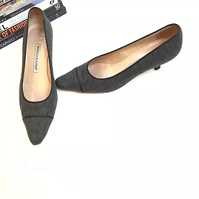 Manolo Blahnik Heels 38.5 Gray Wool Black Kitten Pump Women’s Career 8.5 • $249.99