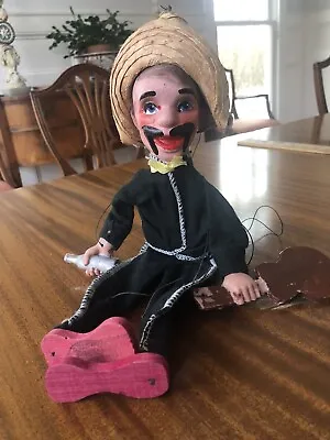 Vintage Mexican Marionette Puppet 15” Sombrero  Guitar Bottle Hand Painted • $16