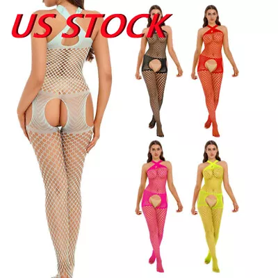 US Womens Bodystocking Fishnet Open Crotch Lace Halter Sheer Jumpsuit Bodysuit • $7.19