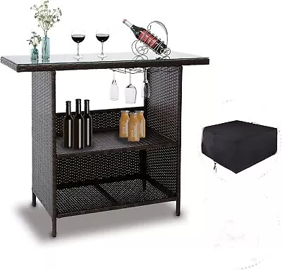 Wicker Bar Counter 3 In 1 Glass Top Outdoor Patio Bar Table W/ 3 Steel Shelves • $160.99