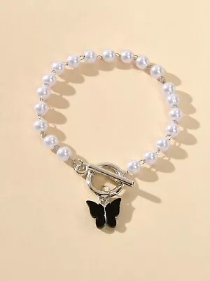 Retro Jewellery Pearl Beads Chain White Black Butterfly Charm Bracelet For Women • $2.99