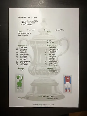 1995-96 Liverpool V Aston Villa FA Cup Semi Final Matchsheet • £2.75