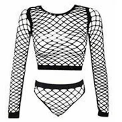 Women Black Long Sleeve Mesh Perspective Fishnet Crop Bodysuit Top + Panty • £5.99