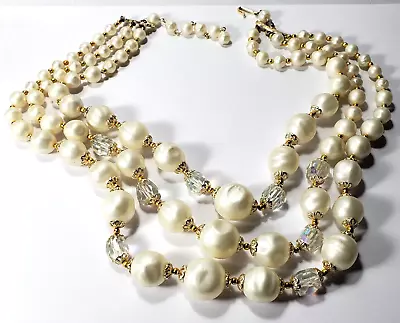 Vintage JAPAN Multi Strand Lucite Crystals & Off White Beaded Necklace 15 -19  • $19.99