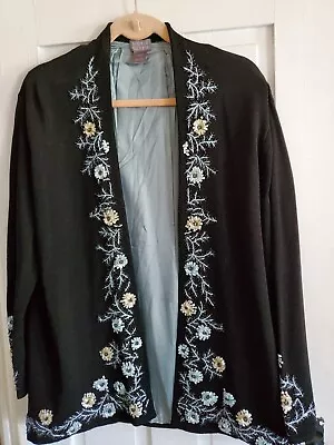SIGRID OLSEN Cardigan Sweater Black W/Embroidery Beading Partial Lining Sz 1X • $25