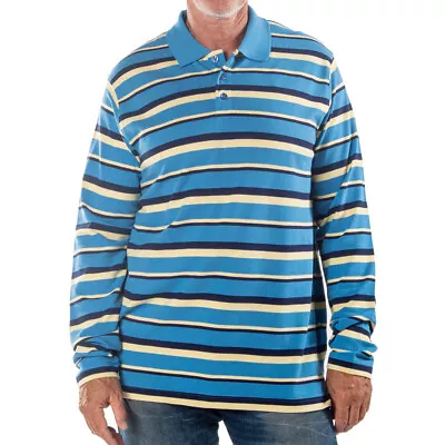 Men's Long Sleeve Blue Striped Cotton Traders Polo Shirt • $14.99