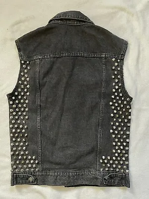 Faded Black Gray Denim Vest XS - Studded English 77 Punk Rock Kutte Battle Vest • $79.99