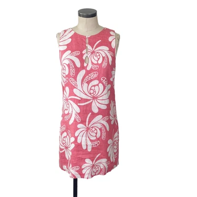 $32 • Buy Island Company 100% Linen Castaway Shift Dress Medium Pink White Tropical Floral