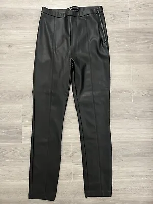 Zara Black Leather Trousers With Back Split Hem Size S • £17.99