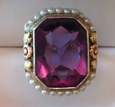 $595 • Buy Antique Emerald Cut Amethyst  & Pearl Ring 14K White And Yellow Gold Size 6 1/2