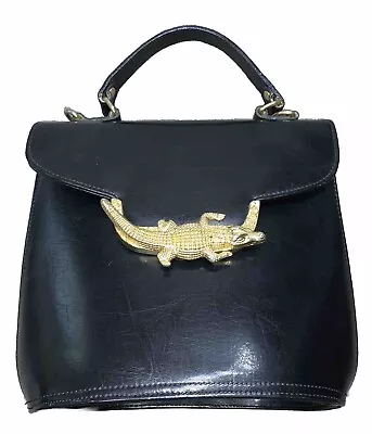 Vtg Gold Alligator Avant Garde Structured Bag Purse Black Deco Art Faux Leather • $59