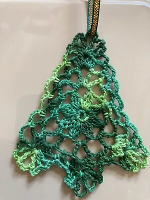 Handmade Crochet Christmas Tree Decoration In Green Variegated Fine Cotton • £3
