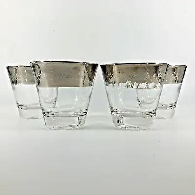 Silver Rim Embossed Florals Lowball Whiskey Rocks Glasses Vintage MCM Set Of 4 • $29