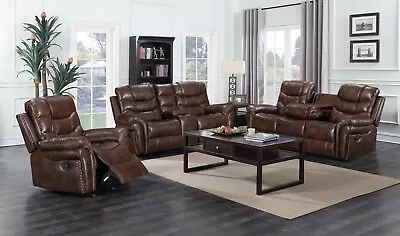 NEW 3PC Brown Sofa Living Room Leather Couch Set 5-Seater Recliner & 4 Cupholder • $1999.99