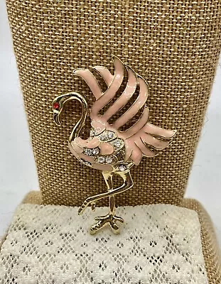 Vintage Brooch Pin Swan Pink  Flamingo  Gold Tone  Rhinestone Enamel • $7.99