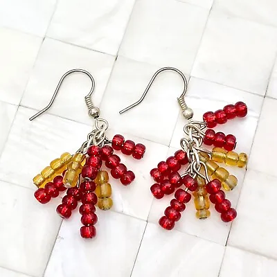 $3.99 • Buy Red & Yellow Tone Seed Beaded Dangle Drop Earrings The Vintage Strand Lot #9756