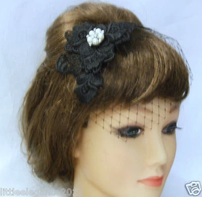 £21.99 • Buy Birdcage Veil Black Lace  Fascinator  W Crystal & Pearl Jewel Mini Veil Blusher