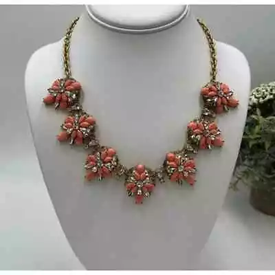 J. Crew Opaque Pink And Clear Crystal Gold Tone Floral Statement Necklace • $45