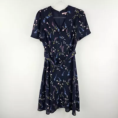 Review Dress 10 Floral Navy Collar Short Sleeve A Line Faux Buttons Belt Ladies • $64.99