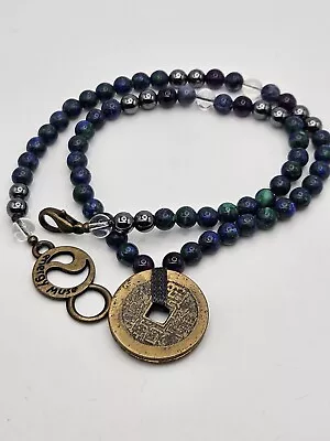 Energy Muse Green Blue Azurite? Apatite? Brass Coin Beaded Necklace • $56