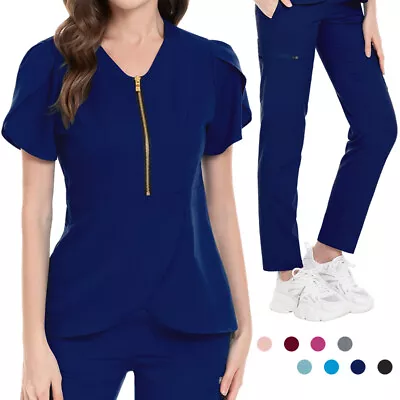 Stretch Scrub Set Women Nurse Uniforms Short Sleeve Tops Cargo Tapered Pant • $16.99