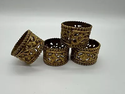 Vintage Floral Filagree Brass Napkin Rings Set Of 4 • $13.99