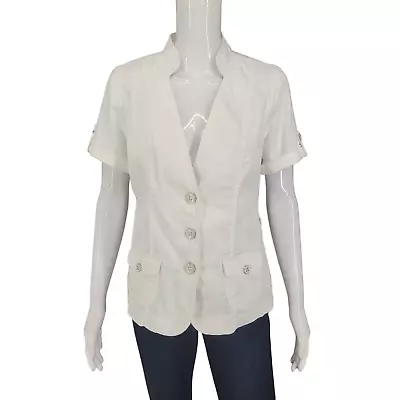 Nue Options Buttoned Shirt Jacket Medium Sz White Cotton Spandex Top W Pockets • $9.96