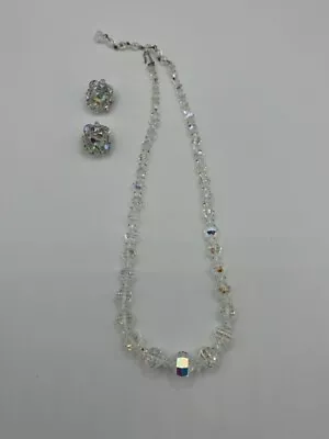 Vintage 1950's -60's AB Crystal Necklace And Clip On Earrings No Missing Stones • $20.70