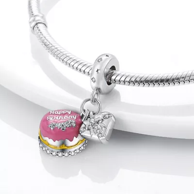 Happy Birthday Cake Charm Love Heart Gift Star Genuine Sterling Silver 925 Bead • £14.99