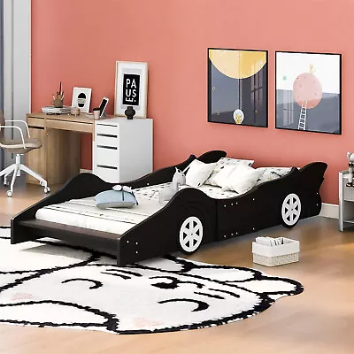 Twin Size Race Car-Shaped Platform Bed With Wheels Wood Bed Frame For Boys Girls • $182.79