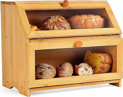 Natural Double Layer Bamboo Bread Box For Kitchen Countertop Counter-Large Fill • $52.99