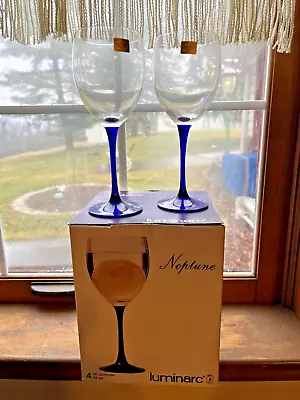 Vintage Luminarc Clear & Cobalt Blue Stemmed Wine Glasses 12 Oz (4)  France • $25