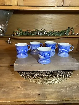 Set Of 5 Vtg Currier & Ives Homestead Winter Mugs/Coffee JAPAN Blue & White • $29.99