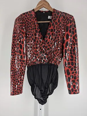 Vintage 80s Sequin Red Leopard Print Catsuit One-piece Knit Sweater Shirt USA • $134.99