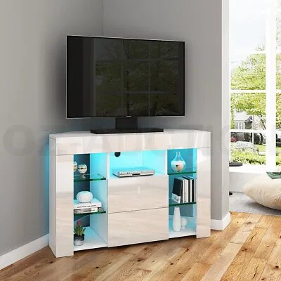 $165.95 • Buy Corner TV Unit Stand Cabinet LED Lighted High Gloss 2 Drawers Furniture White
