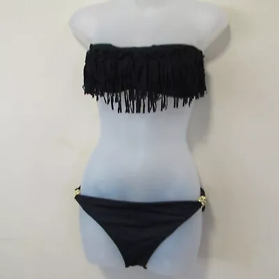 L SPACE Black Bandeau Fringe 2 Pc Bikini Swim Suit Sz Medium/Large • $17.99